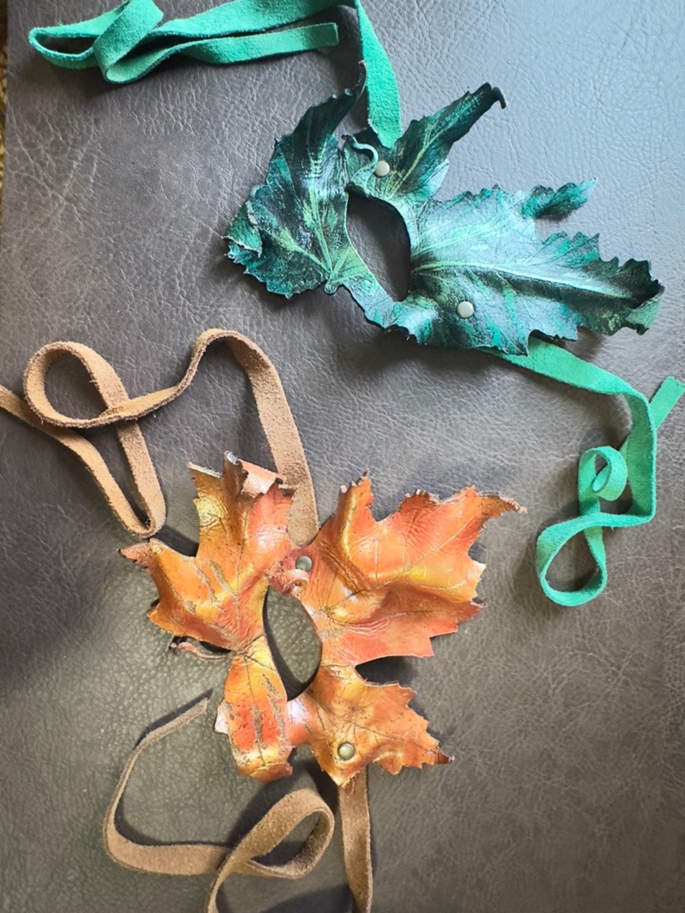 Handmade Leaf Leather Mask Duo - Green & Orange